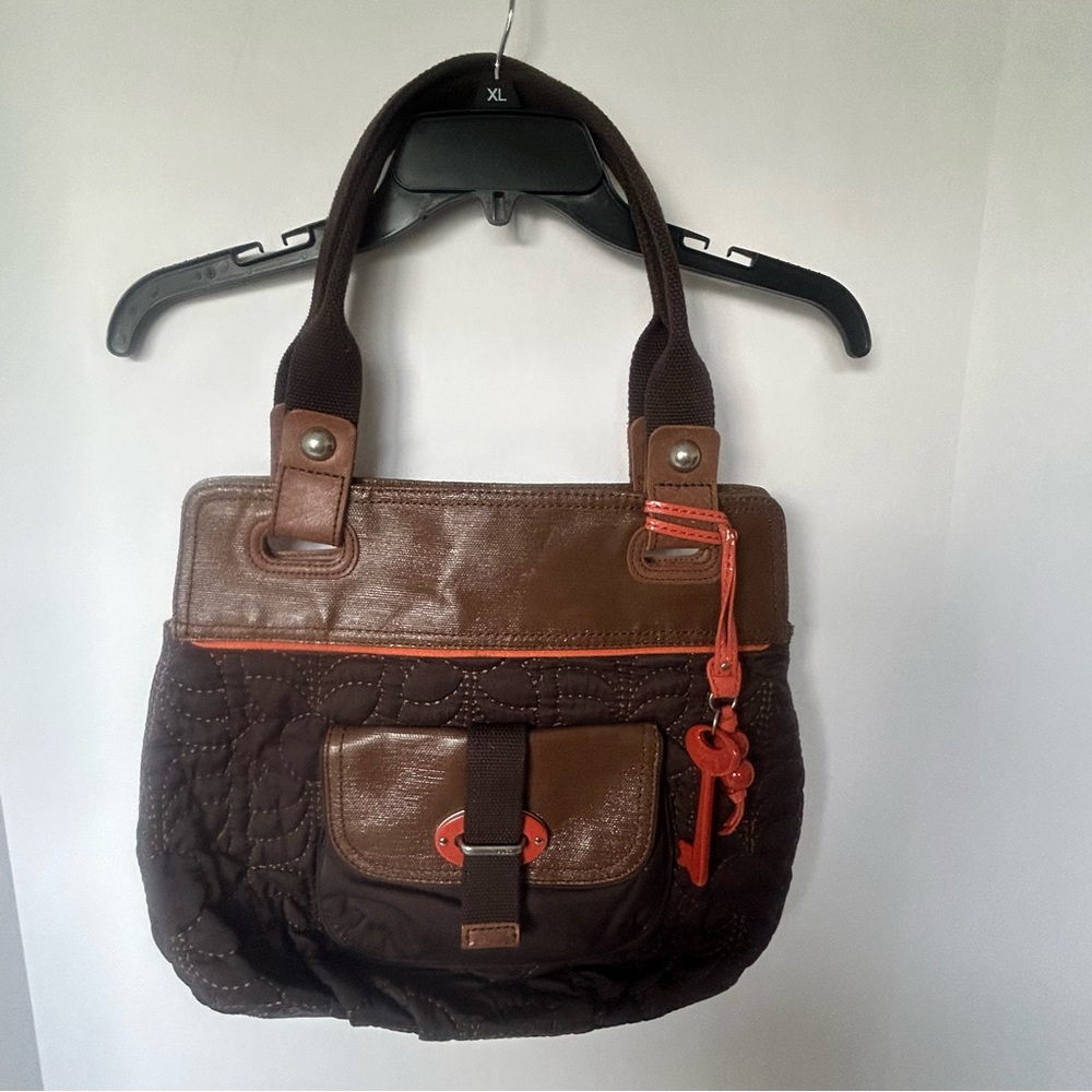 Fossil Key-Per Quilted/Leather Shoulder Bag Brown Orange Key Tag Attached